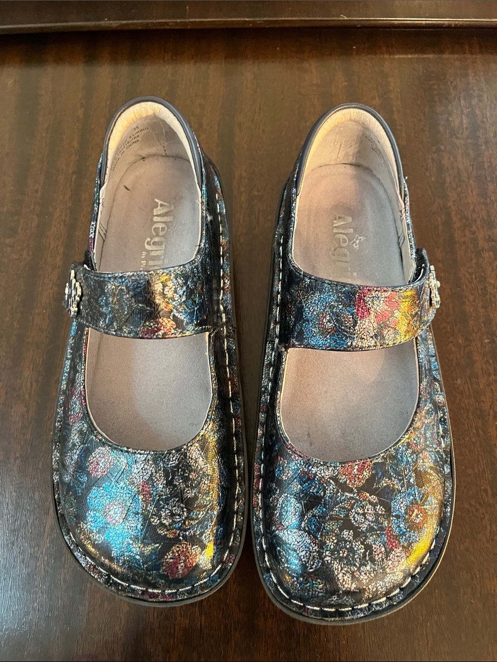 Alegria Kids Mary Jane Shoes in Black with Multicolor Floral Accents